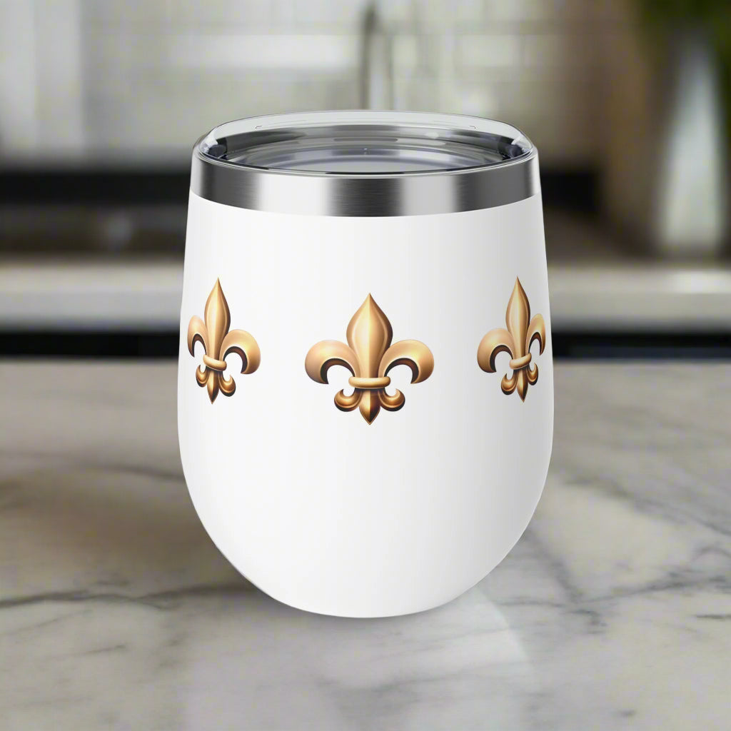 Christina's Coffee White and Gold Fleur De Lis Claiborne Wine Tumbler
