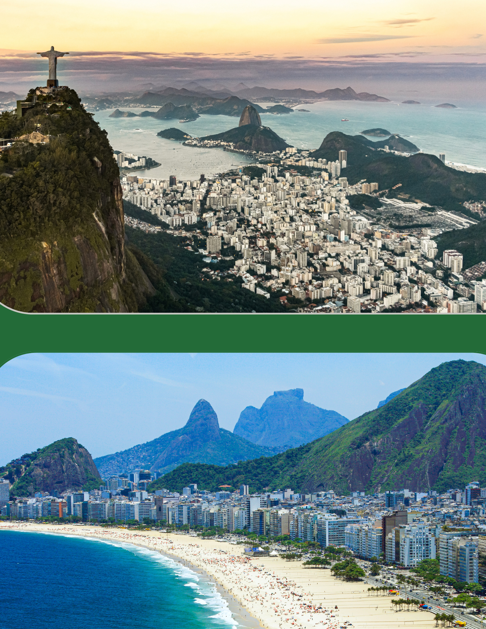 A split image showing a Brazilian cityscape on one side and a mountainous landscape with a famous statue on the other, symbolizing the contrast between urbanization and natural landscapes.