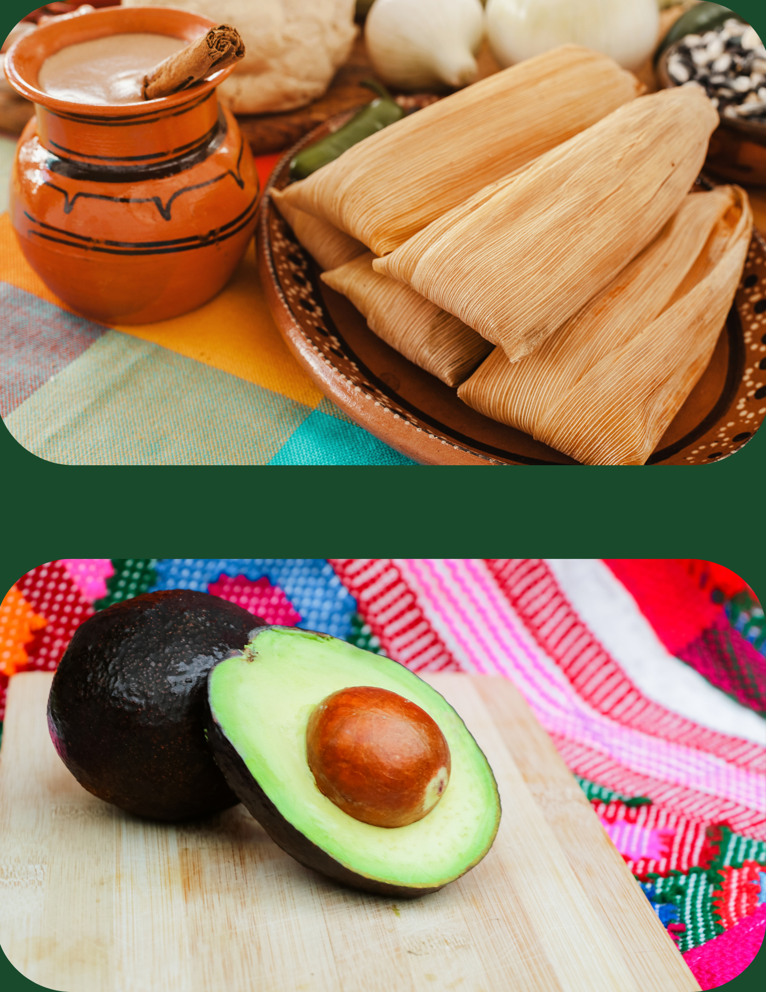 Split image of traditional Mexican tamale and an avocado cut open with seed showing