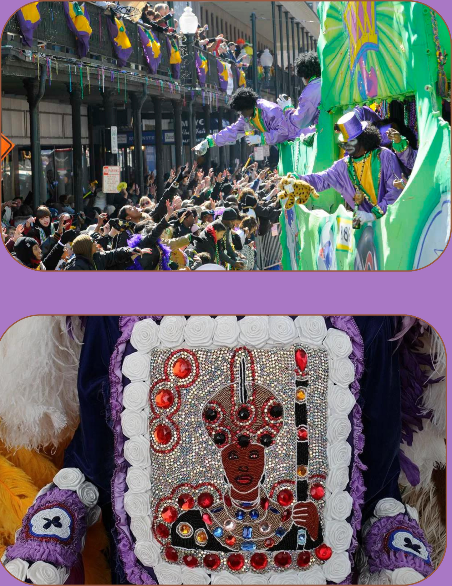 Split screen between Zulu float riders on Mardi Gras and an image of Mardi Gras Indian costume.