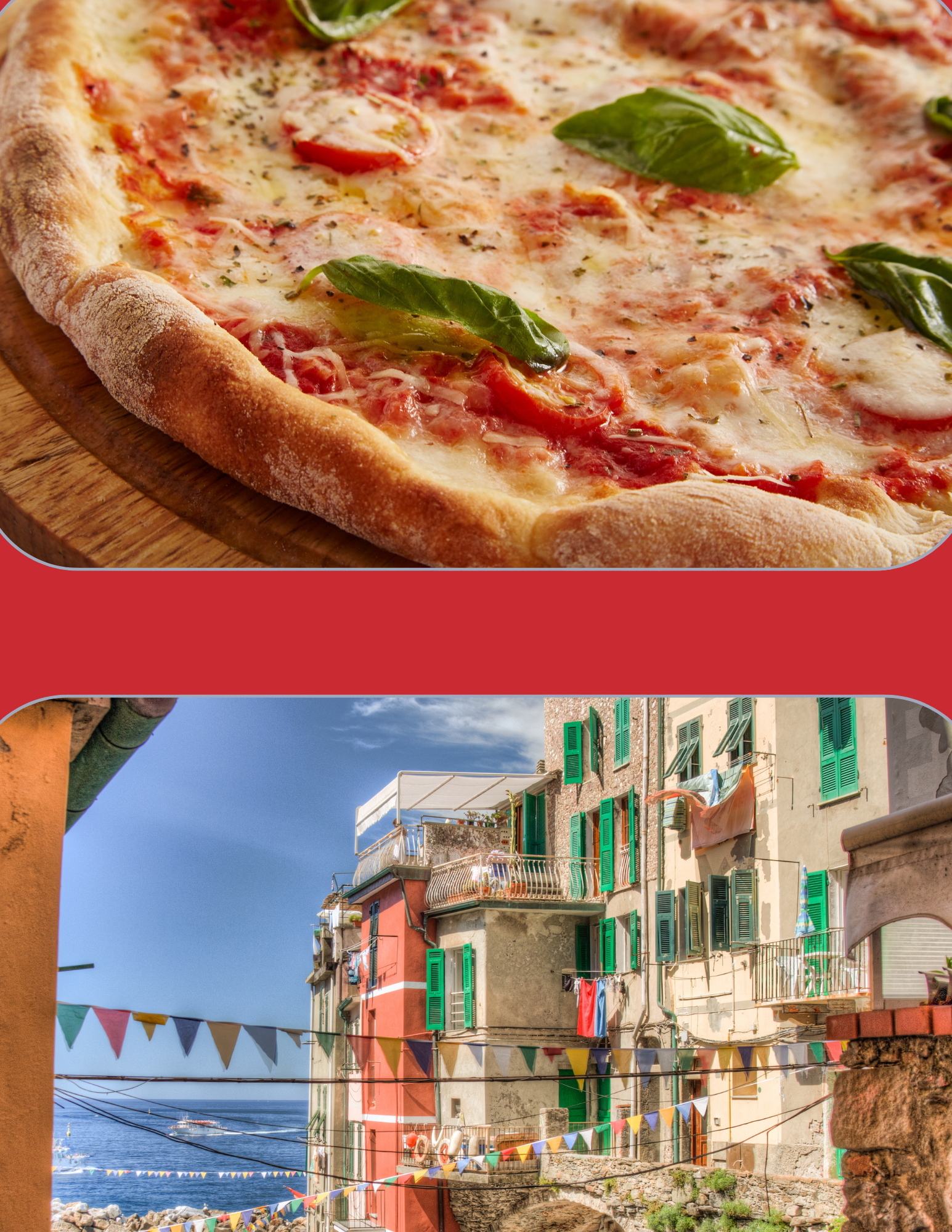 Split image of traditional Italian pizza and an Italian neighborhood with colorful windows