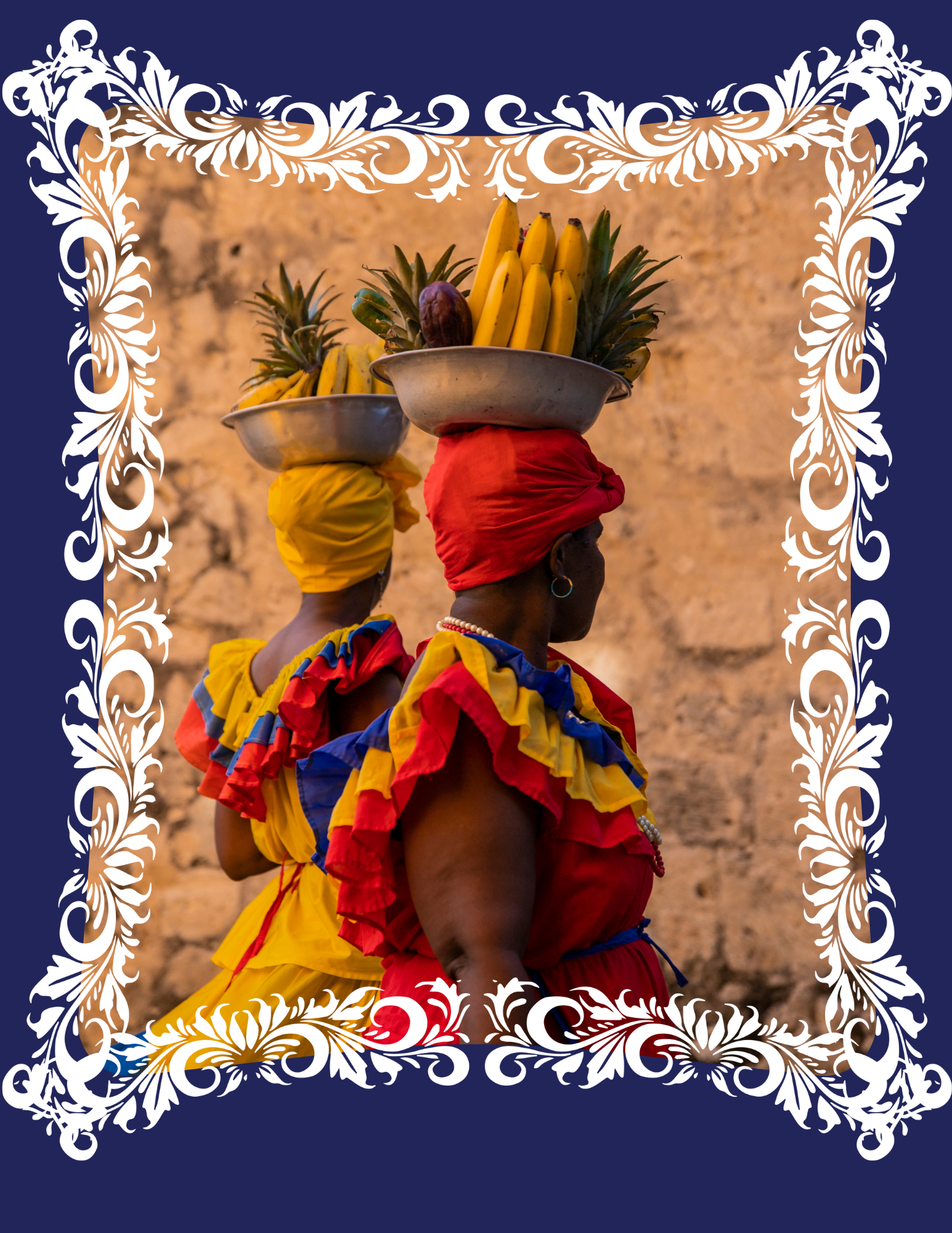 Image of two Colombian women of African descent carrying fruit on top of head in the traditional way