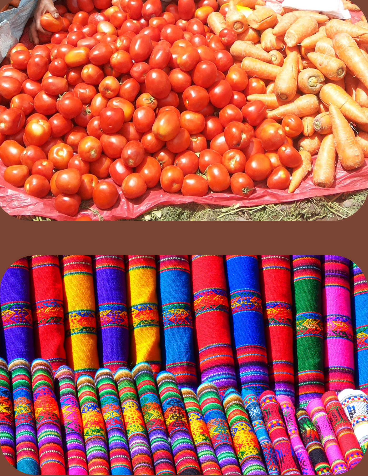 Split image of fresh vegetable Peruvian market and traditional Peruvian cloth and textiles