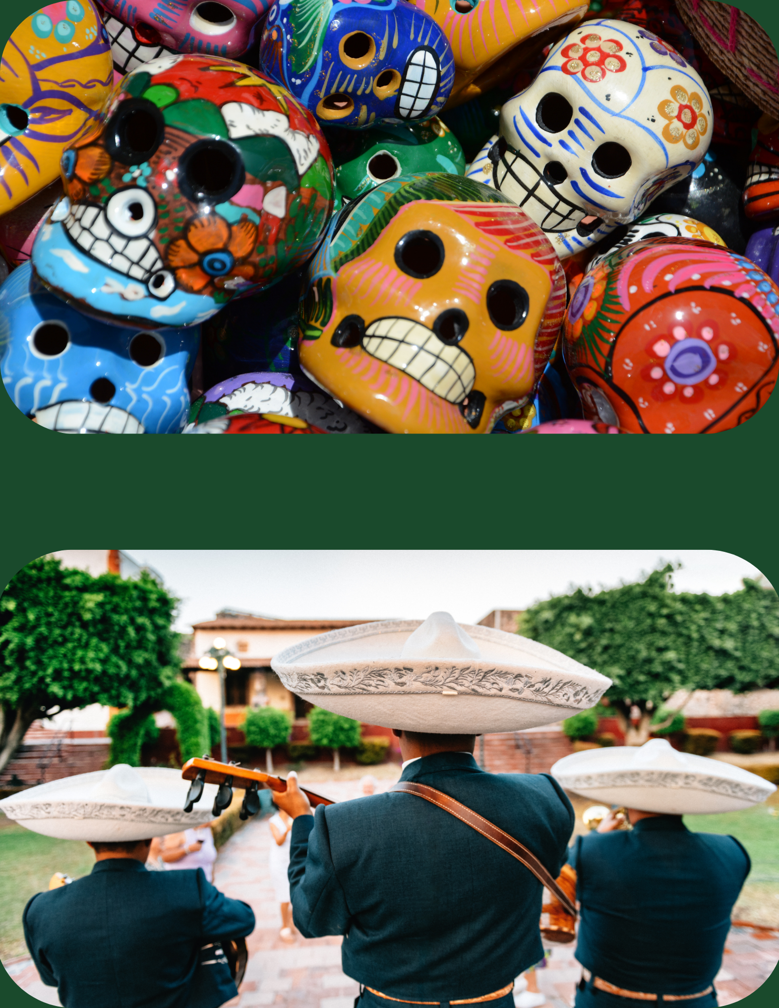 Image of painted pottery of colorful calaveras and a traditional Mariachi band
