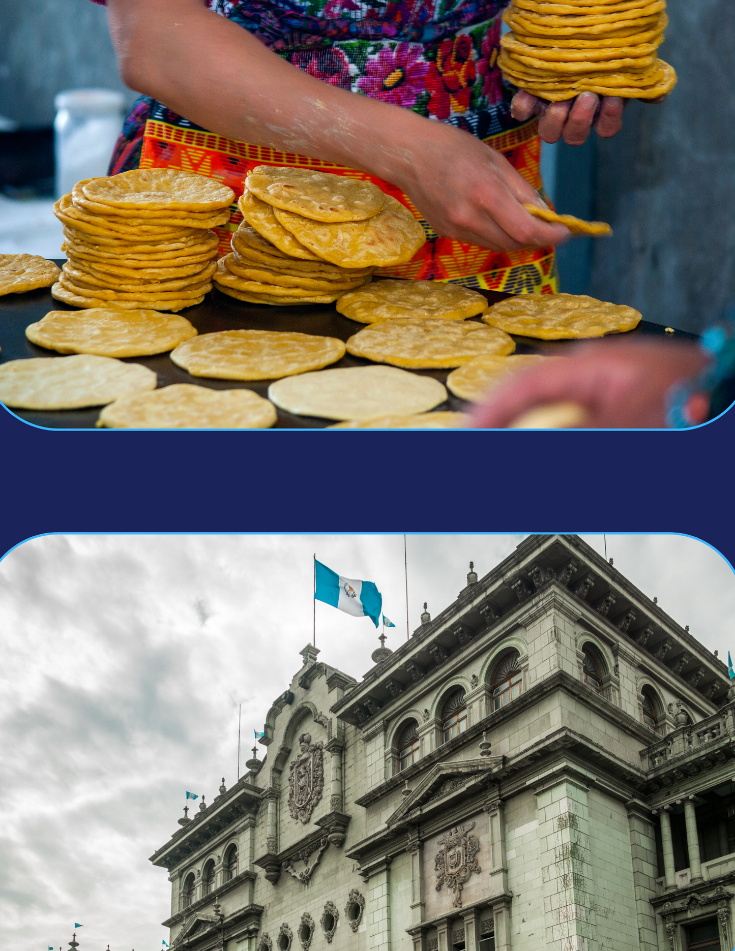 Split of outdoor Guatemalan market making popular and a Guatamalan government building