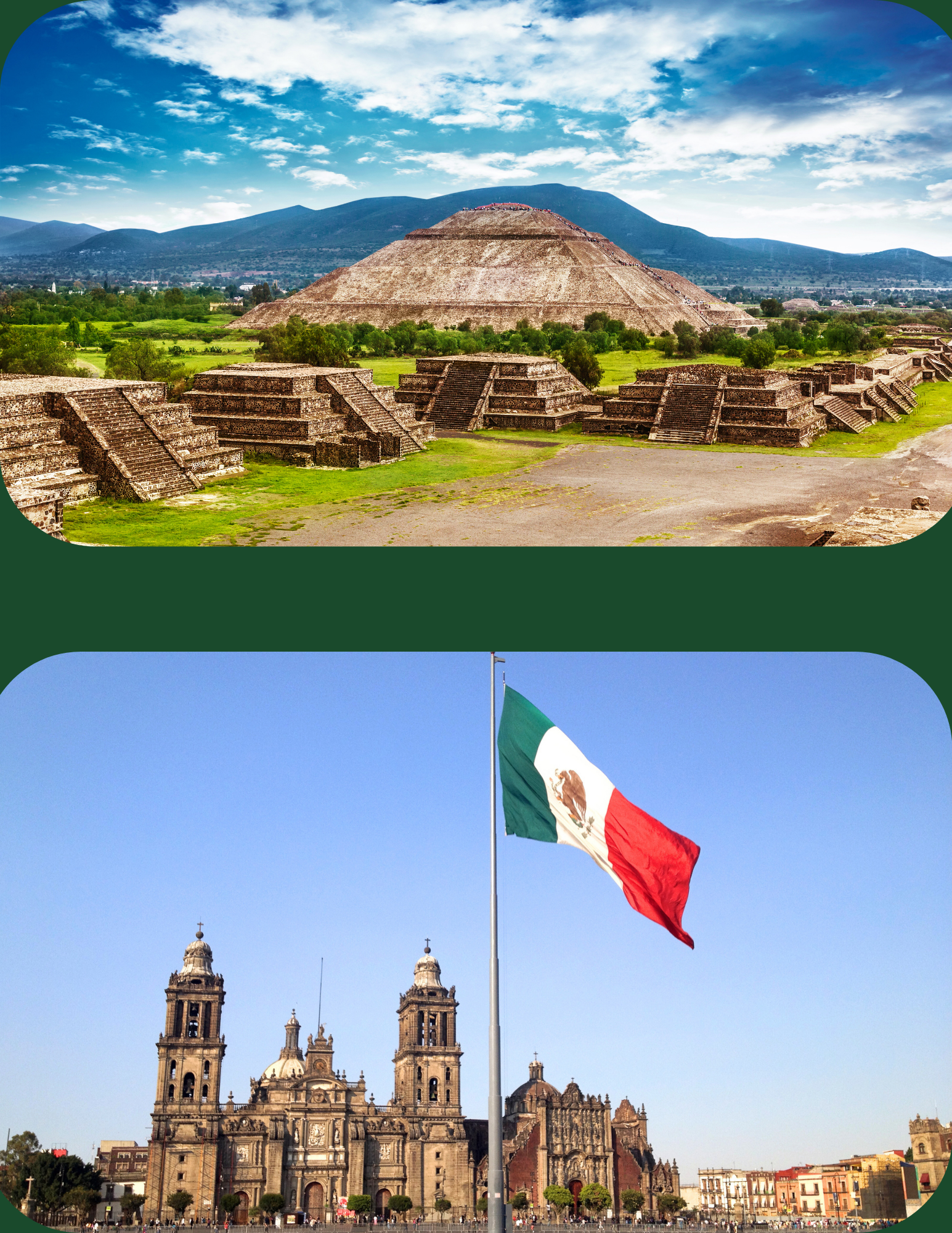 Split image of ancient Mayan Ruins and Mexican governmental building with Mexican flag flying