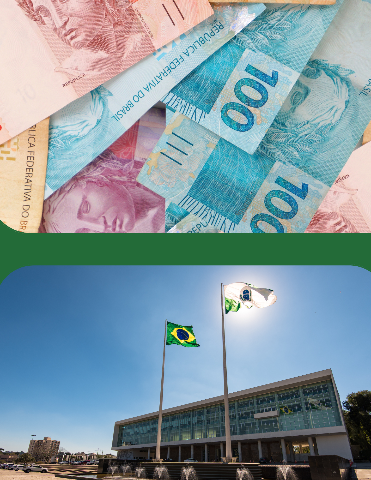 Split image of Brazilian currency and an image of a Brazilian governmental building