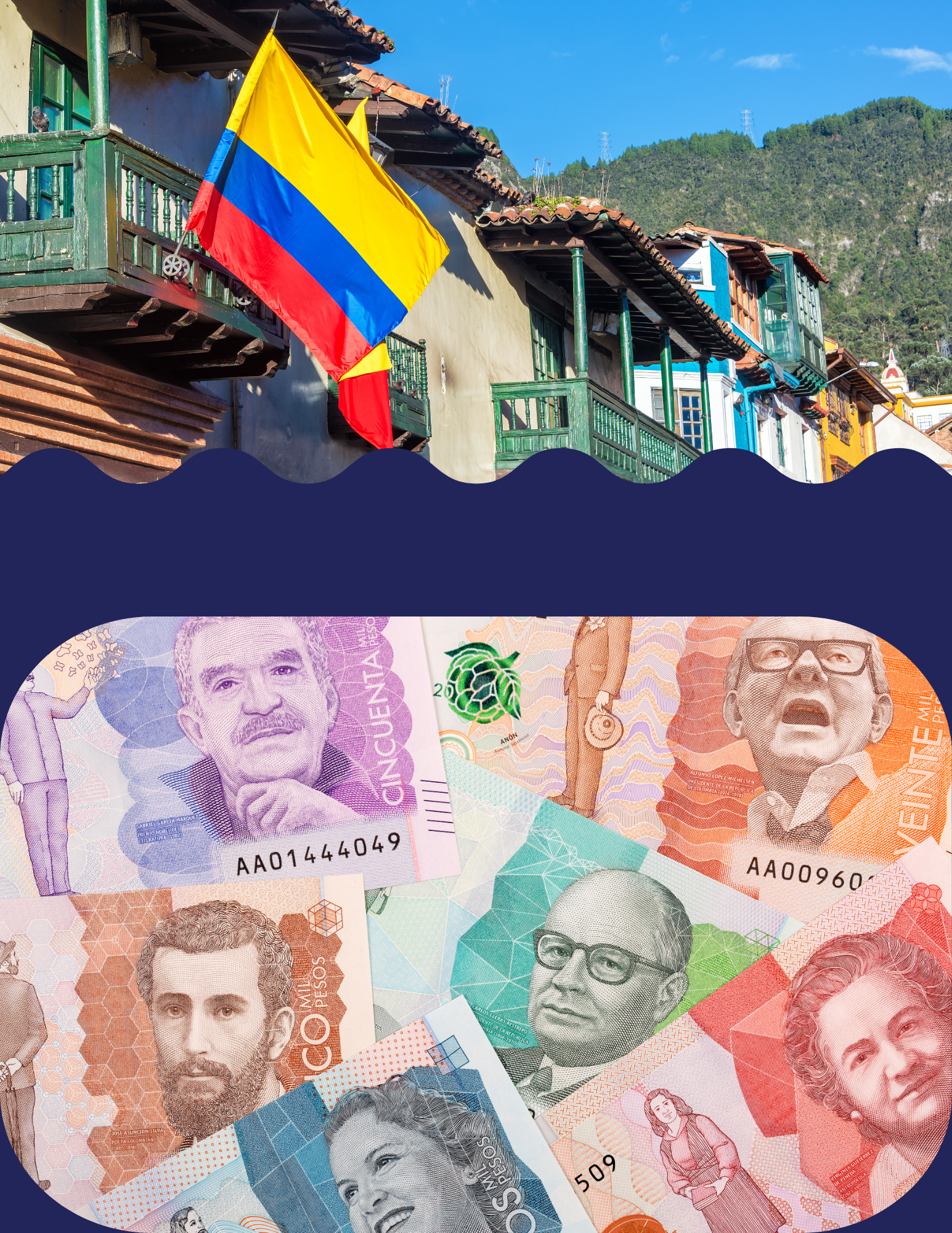 Patriotic image of a Colombian flag flying from a balcony and Colombian currency
