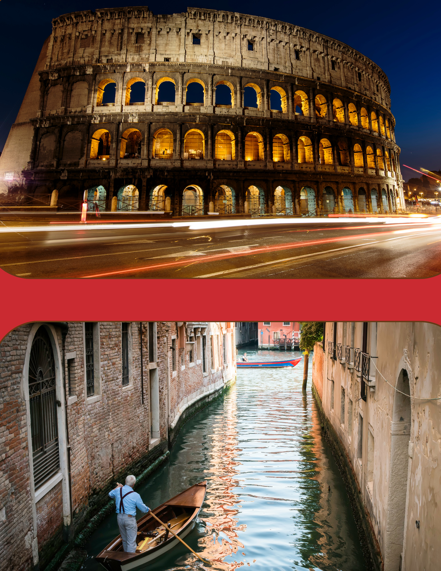 Split image of historic Italian landmark and photo of a man paddling down a stream