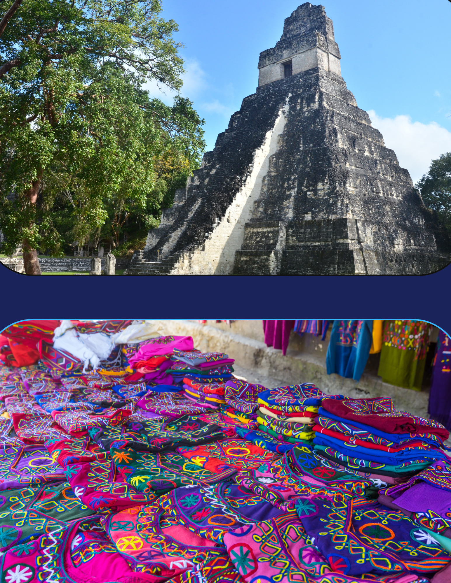 Split image of ancient Mayan Ruins and traditional Guatamalan fabric and cloth