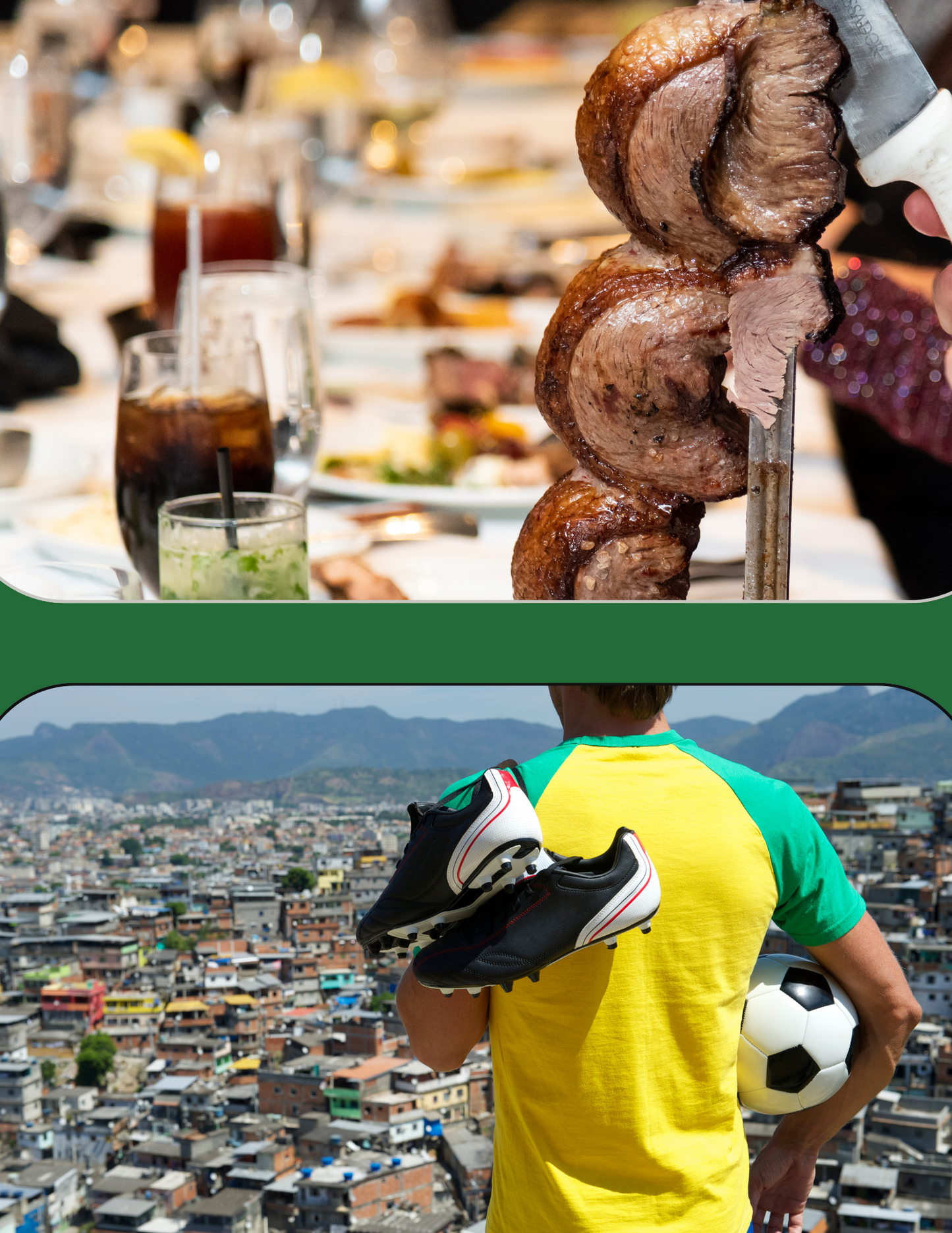 Split of a Brazilian steakhouse with special cuts of meat and a soccer player in a yellow and green jersey