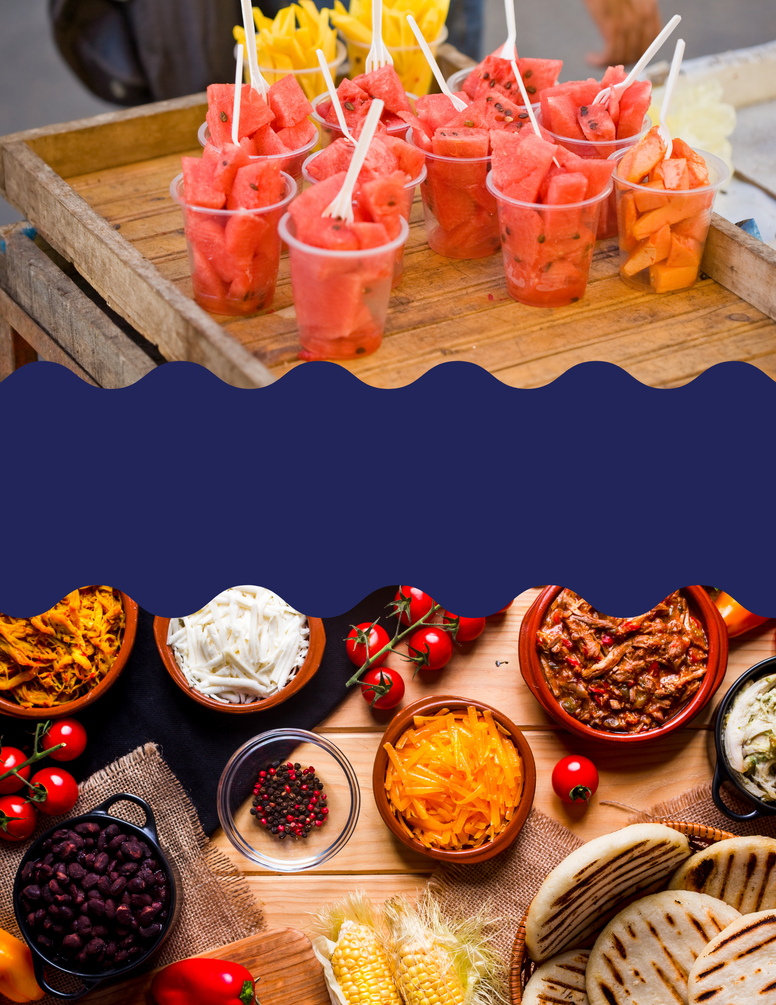 Split image of a fresh fruit assortment in a market setting and an image of traditional Colombian food