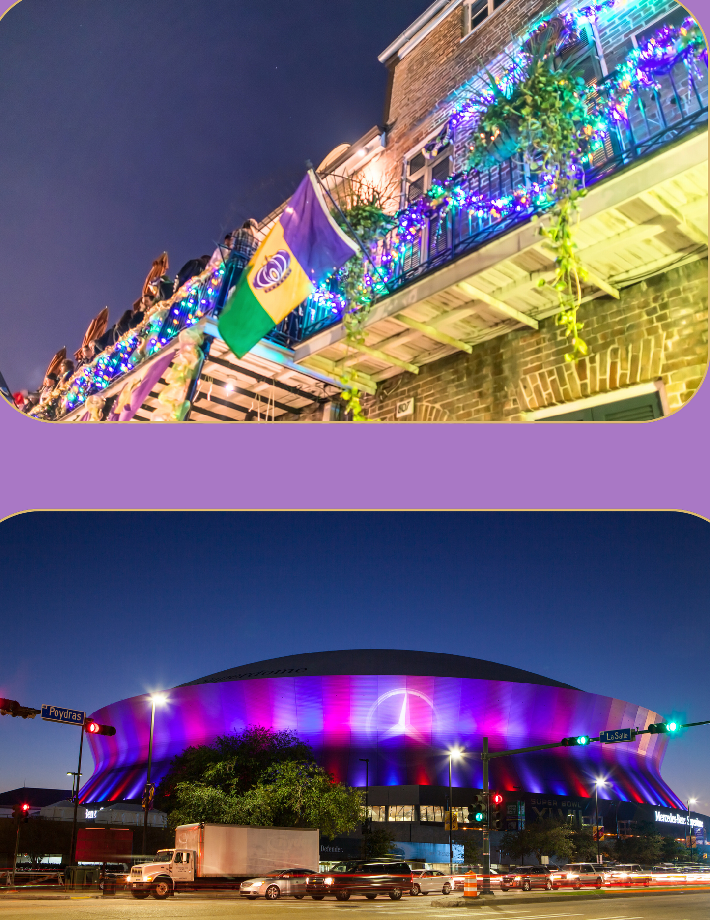 Split image of Mardi Gras night and the Mercedes Benz Superdome lit up at night.