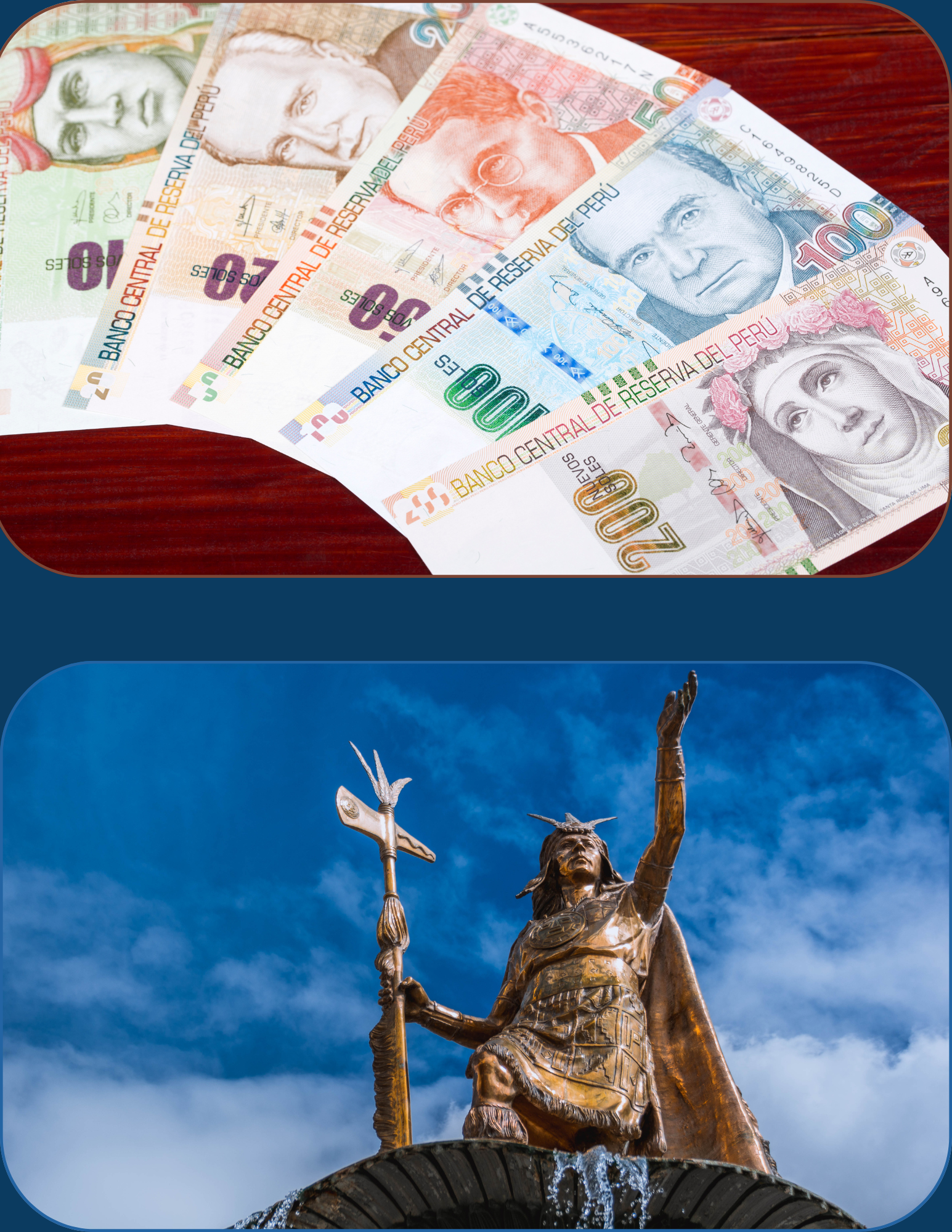 Split image of Peruvian currency and a statue of a historic Peruvian indigenous soldier.