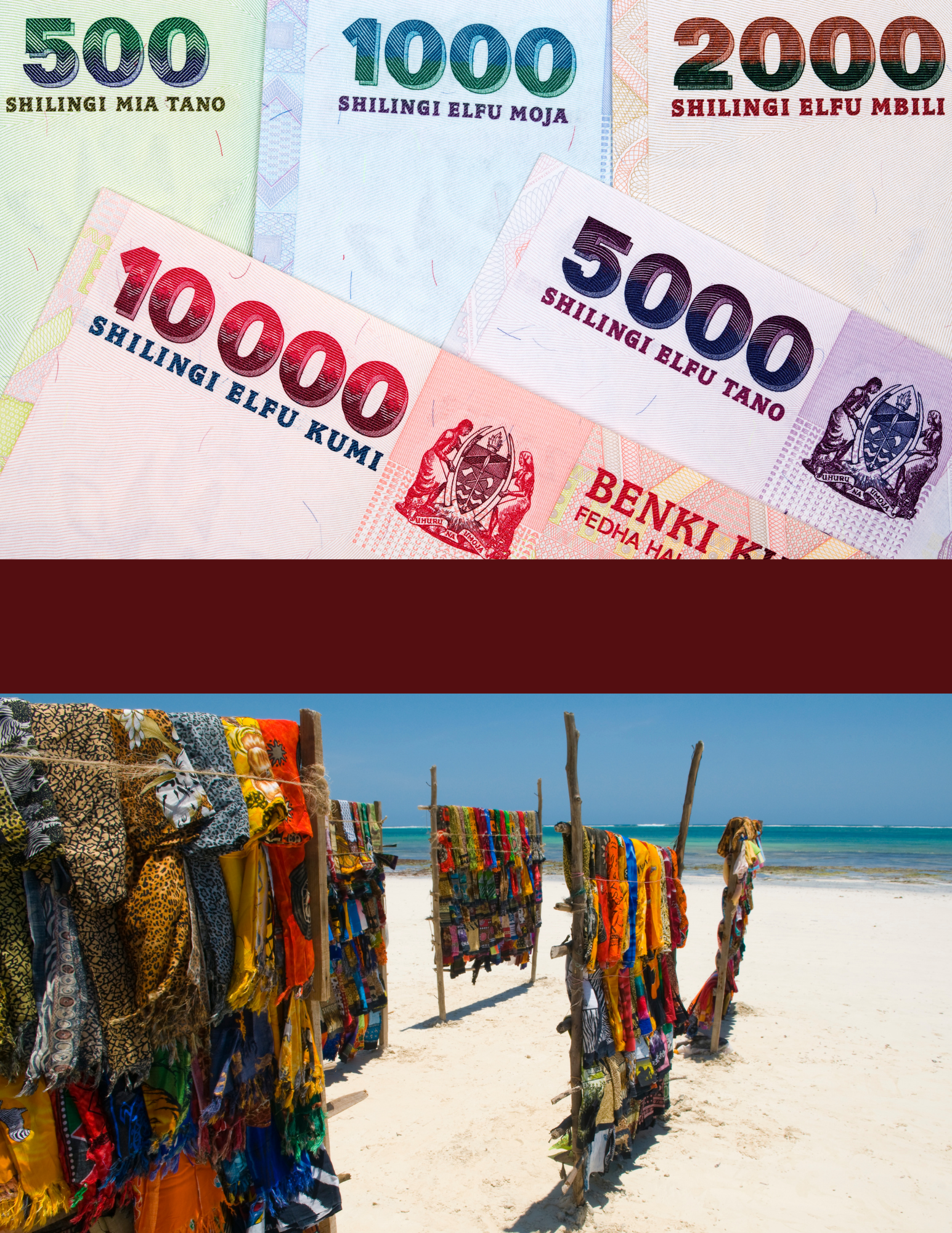 Split image of Kenyan Shillings and Kenya clothes hanging besides the beach