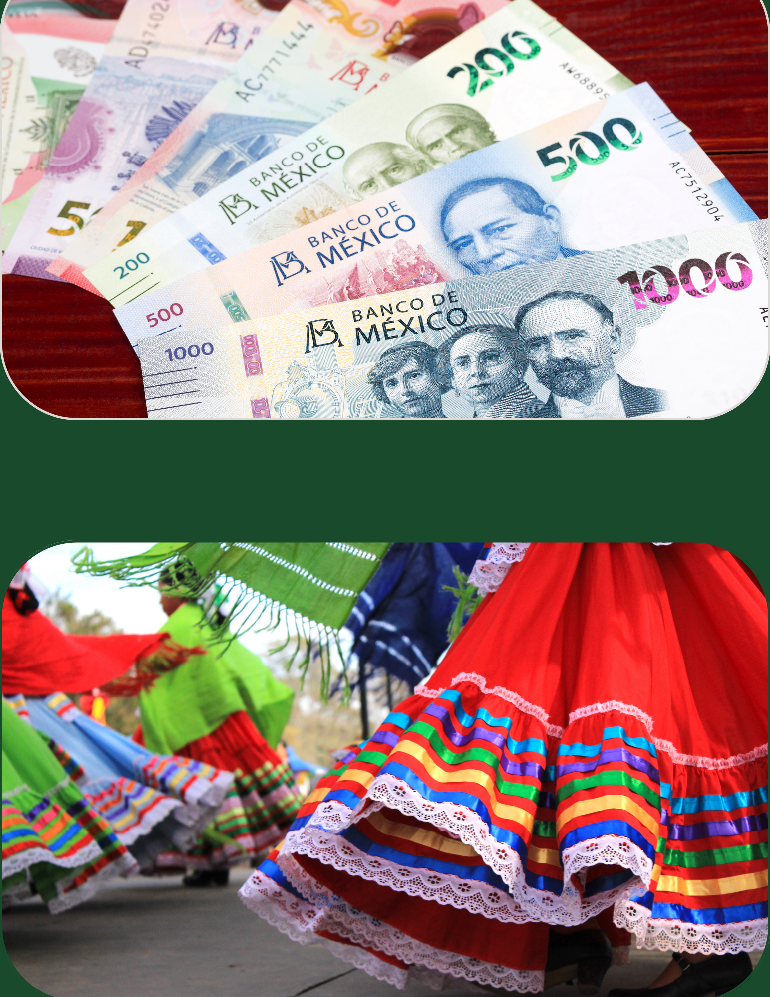 Split image of Mexican Pesos and image of traditional skirts spinning mid-dance