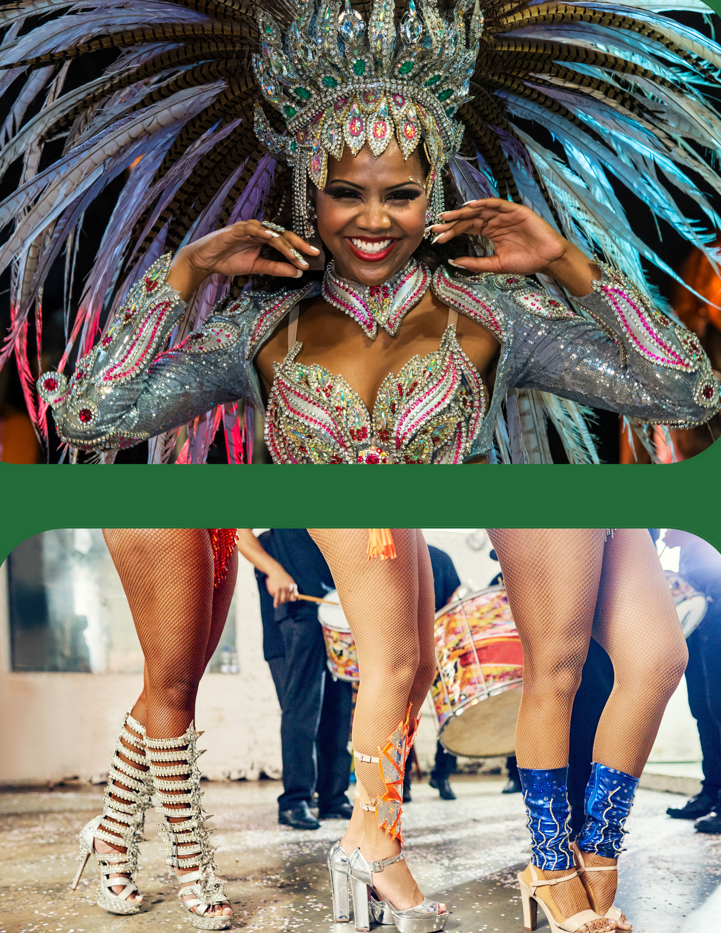Split image of the iconic Samba dancers with a traditional headrest and an image of samba dancers feet while dancing