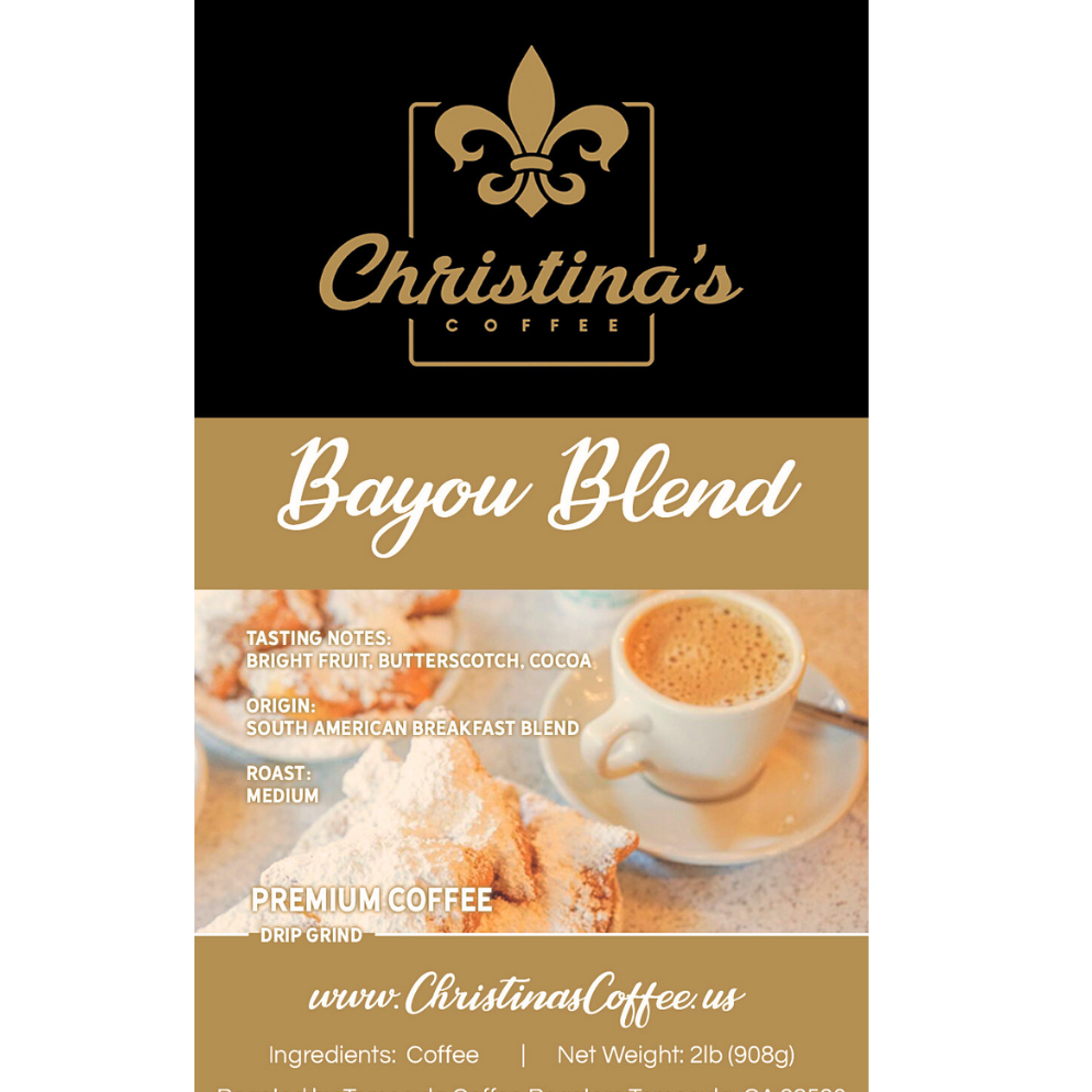 Christina's Coffee Bayou Blend medium roast coffee bag - 2 lb. kraft packaging