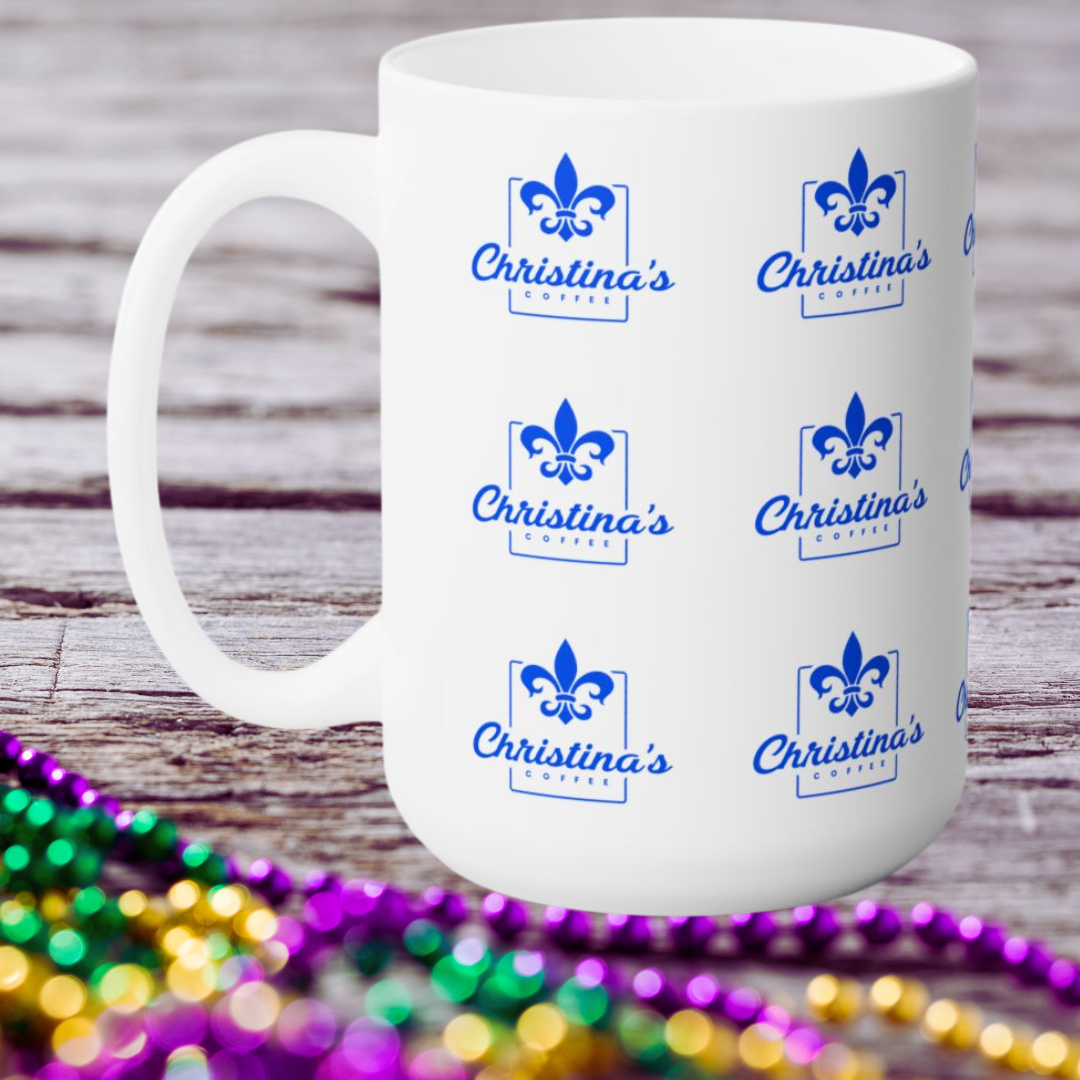 Christina's Coffee Metairie Blue New Orleans inspired fleur de lis 15 oz ceramic mug