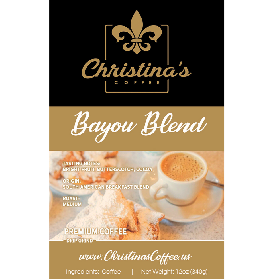 Christina's Coffee Bayou Blend medium roast coffee bag - 12 oz kraft packaging