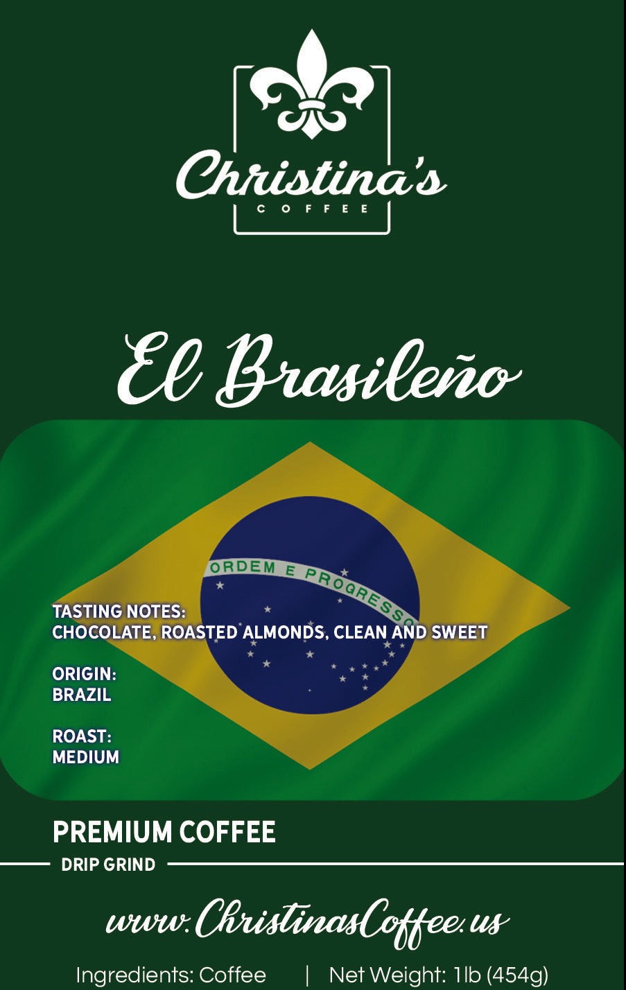 Christina's Coffee El Brasileño Brazil single origin coffee - 1 lb white bag