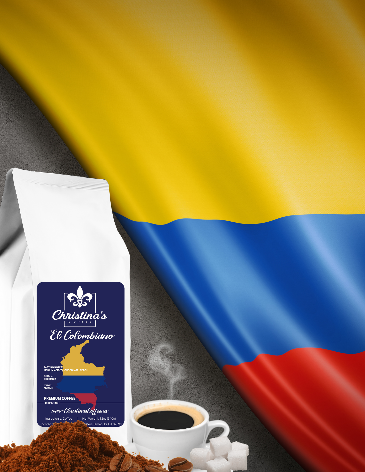 Christina's Coffee El Colombiano Colombian coffee bag - medium roast in front of a Colombian flag