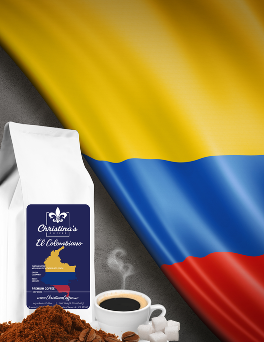 Christina's Coffee El Colombiano Colombian coffee bag - medium roast in front of a Colombian flag