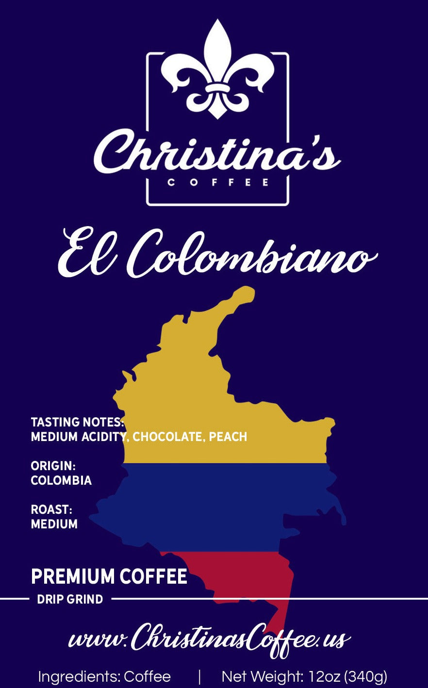 Christina's Coffee Colombiano Colombia single origin coffee - 12 oz white bag