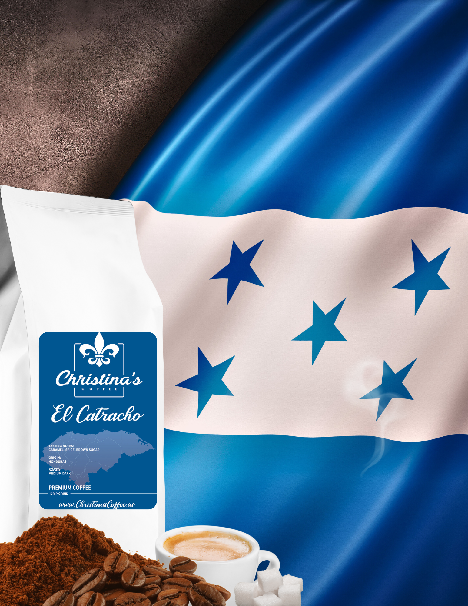 Christina's Coffee El Catracho Honduran coffee bag - medium dark roast in front of a Honduras flag