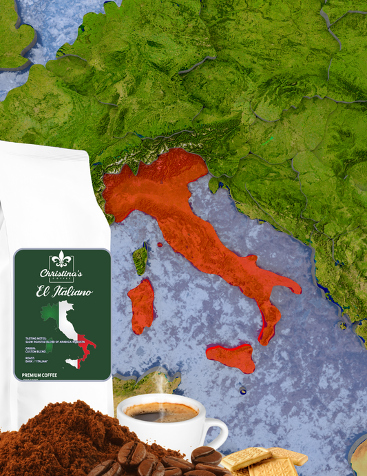 Christina's Coffee El Italiano Italian dark roast blend coffee bag in front of Italy on a map