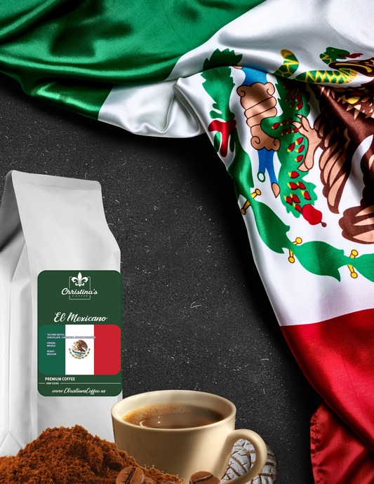 Christina's Coffee El Mexicano Mexican coffee bag - medium roast in front of Mexican flag