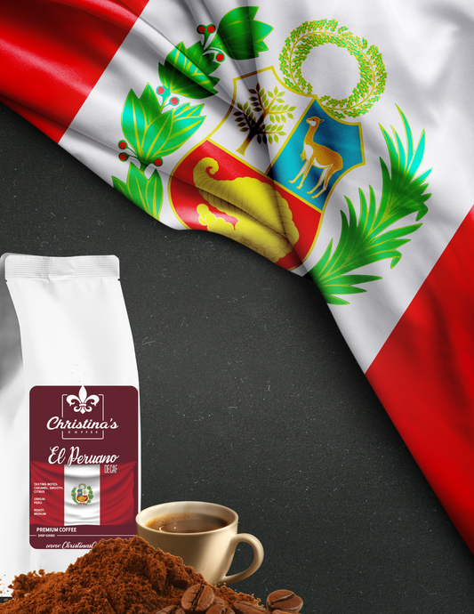 Christina's Coffee El Peruano Peruvian decaf coffee bag - medium roast in front of a Peruvian flag