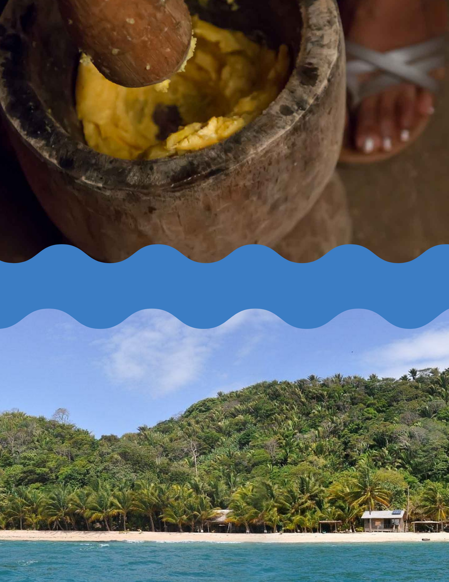 Photo of cultural Garifuna machuca and the beach coast of Roatan