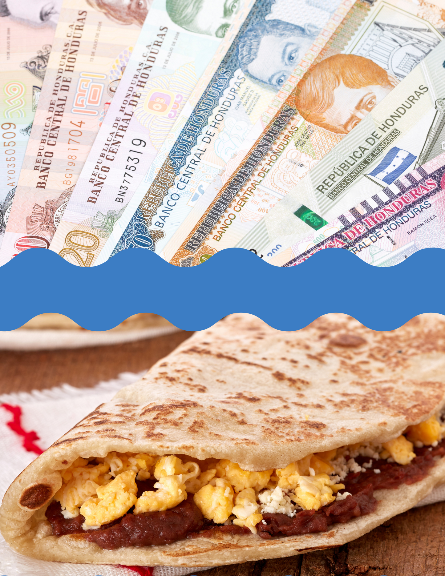 Split image of Honduran Lempira and of a traditional breakfast baliada