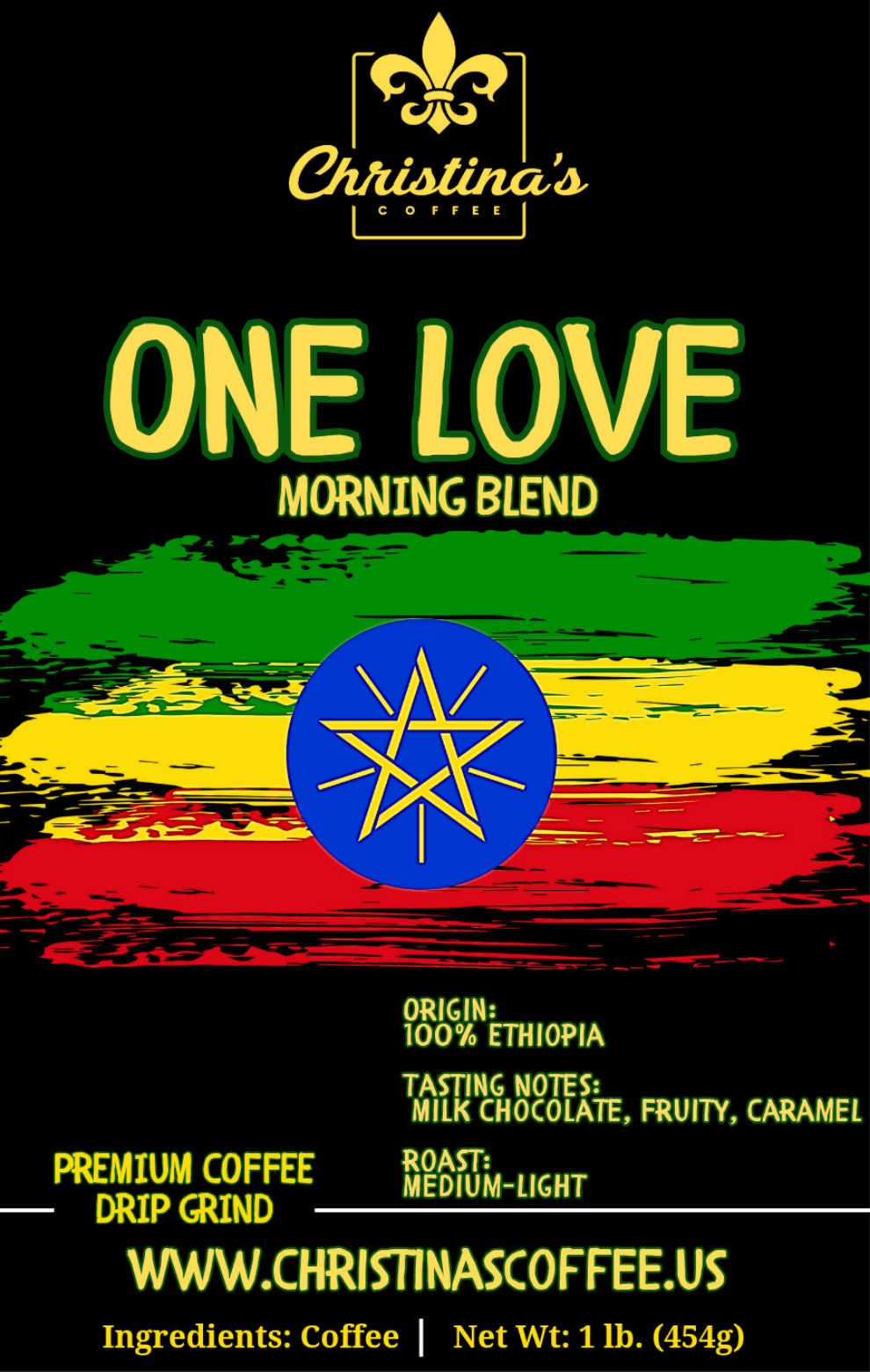 Christina's Coffee One Love 100% Ethiopian Coffee 1 lb bag designed with Ethiopian flag