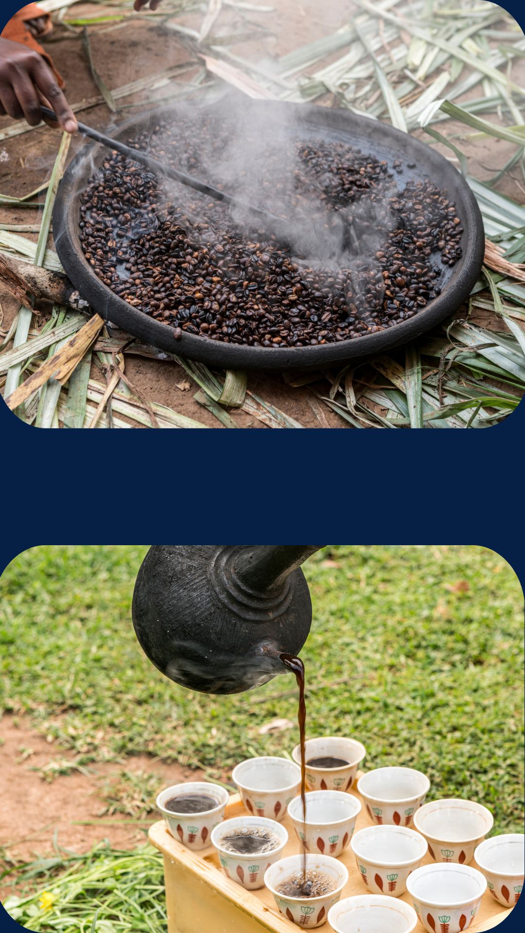 Split image of traditional Ethiopian coffee roasting and photo of Ethiopian coffee being poured into cups