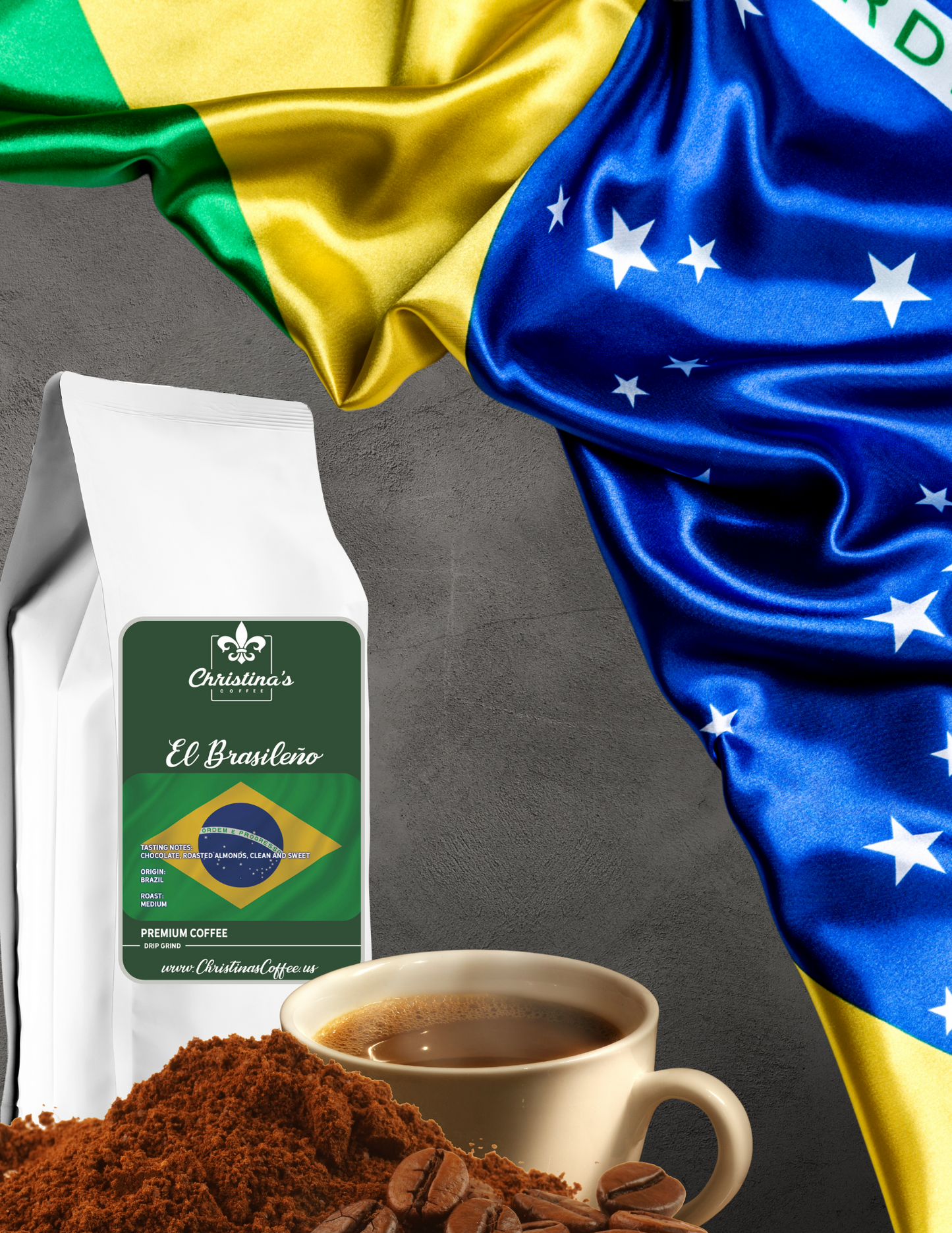 Christina's Coffee El Brasileño Brazilian coffee bag - medium roast in front of a Brazilian flag