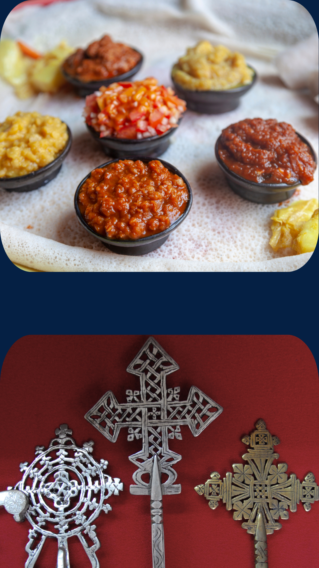 Split image showing an array of Ethiopian array of spices and flavors and trio of traditional Ethiopian Christian crosses
