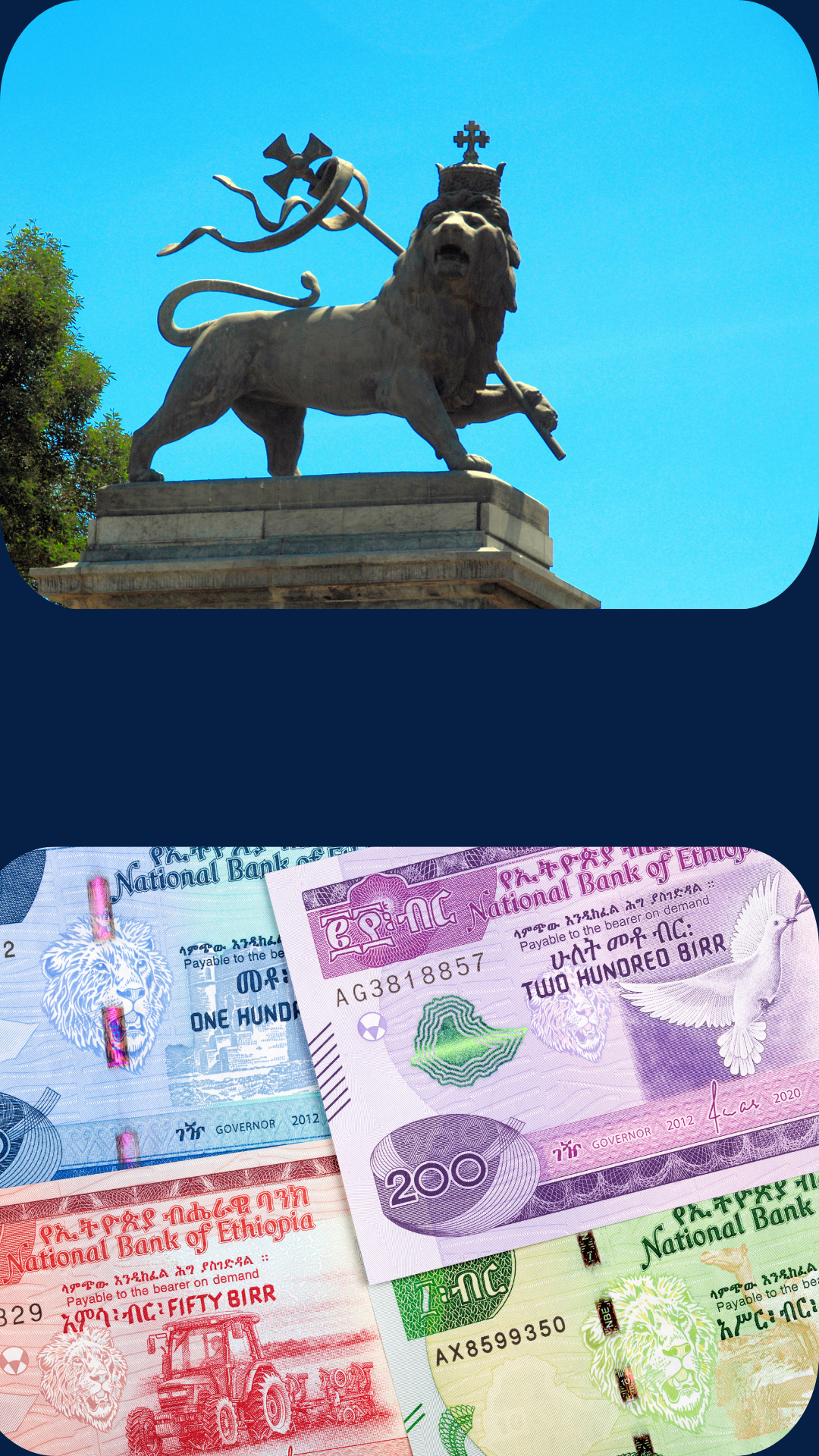 Split image of a statue of the iconic traditional Lion of Judah and a photo Ethiopian currency