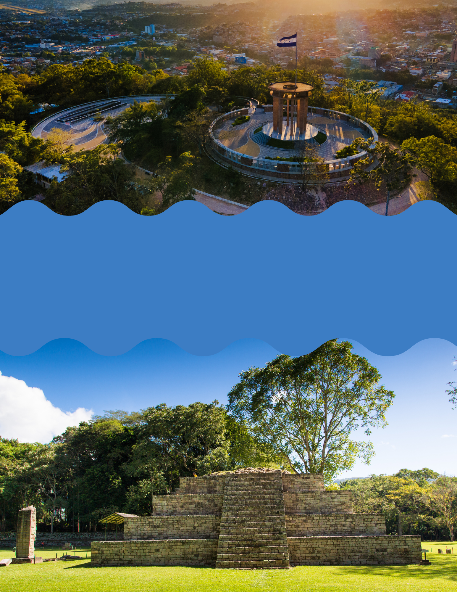 Split image of the Honduran capital with a Honduran flag flying and an image of Copan Mayan ruins