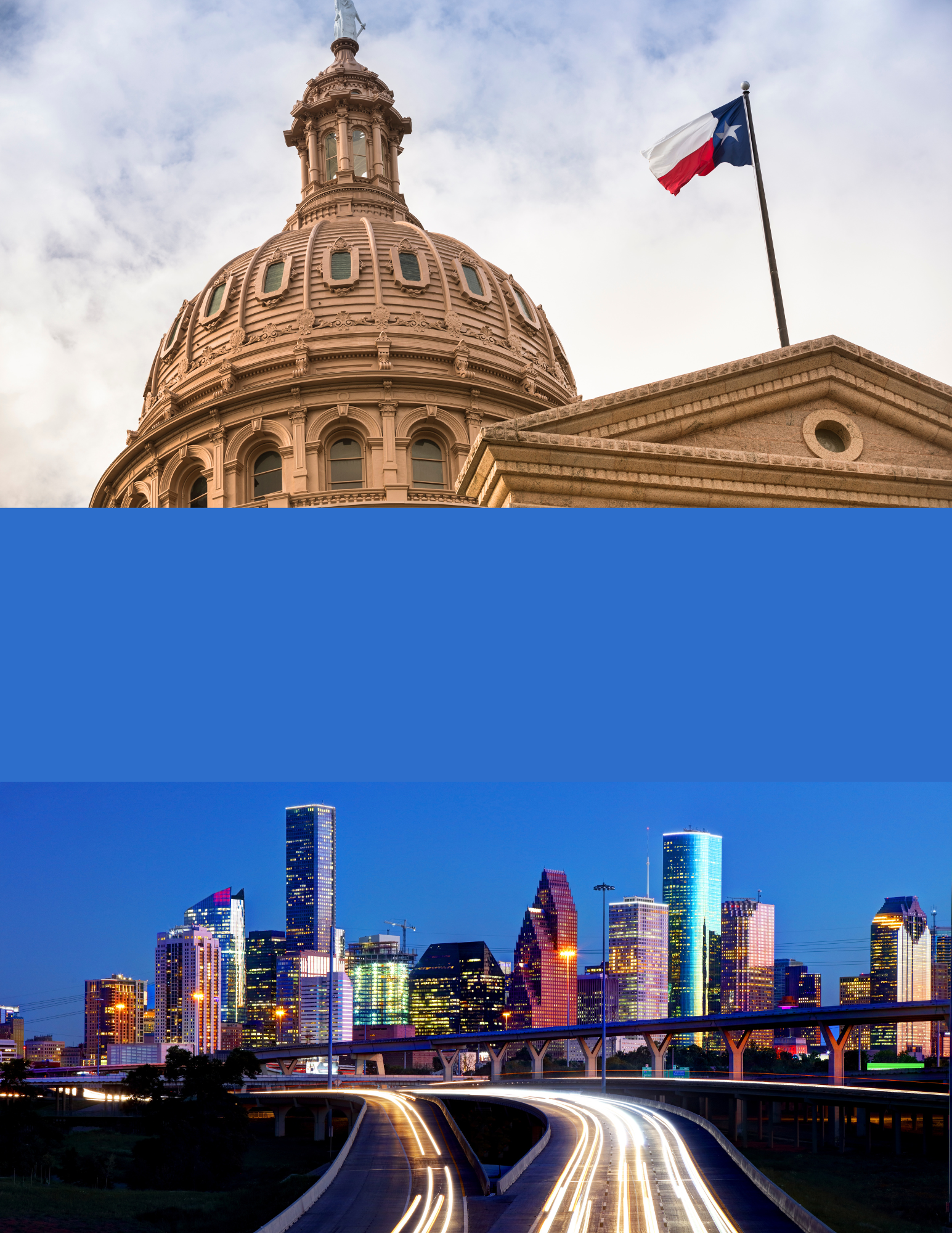 Split image of the Austin state capital and downtown Houston skyline at night