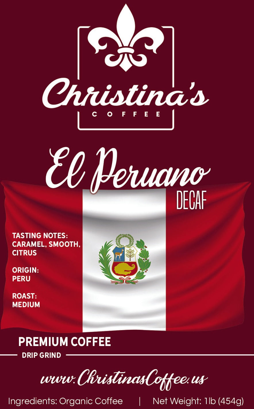 Christina's Coffee El Peruano Peru decaf single origin coffee - 1 lb. oz white bag