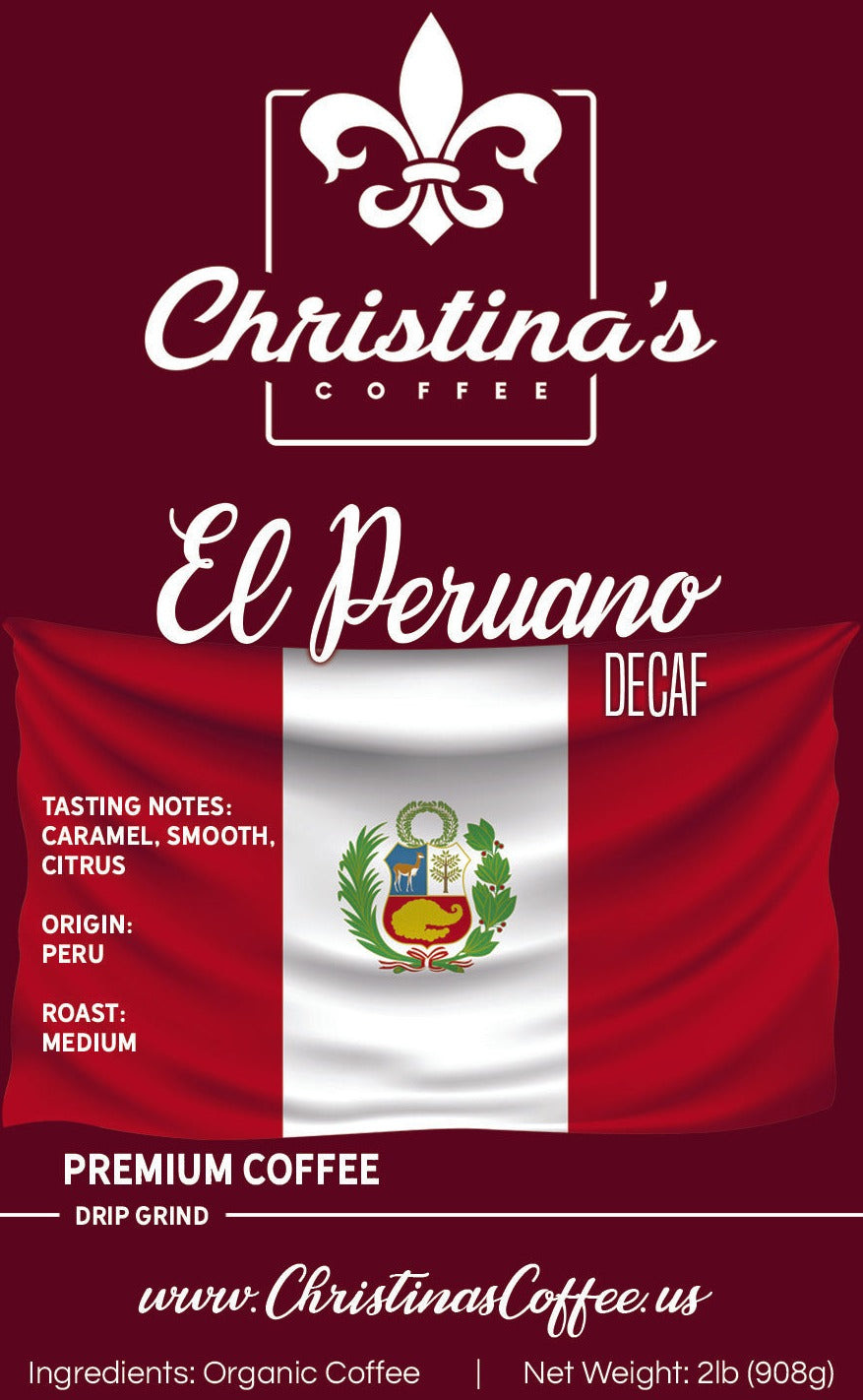 Christina's Coffee Peruano Peru decaf single origin coffee - 2 lb. white bag