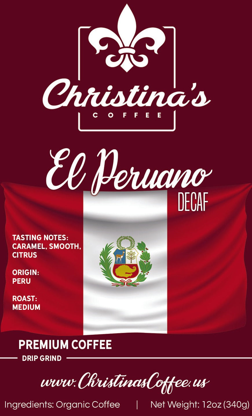 Christina's Coffee Peruano Peru decaf single origin coffee - 12 oz white bag