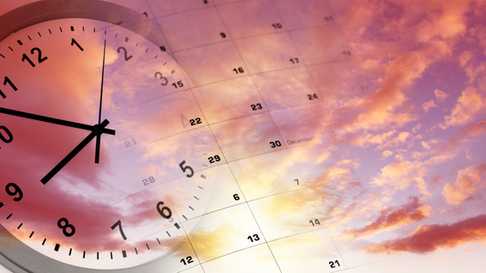 Christina's Coffee blog image of a clock, calendar, and late evening sky depicting the time struggles of mom owned coffee businesses