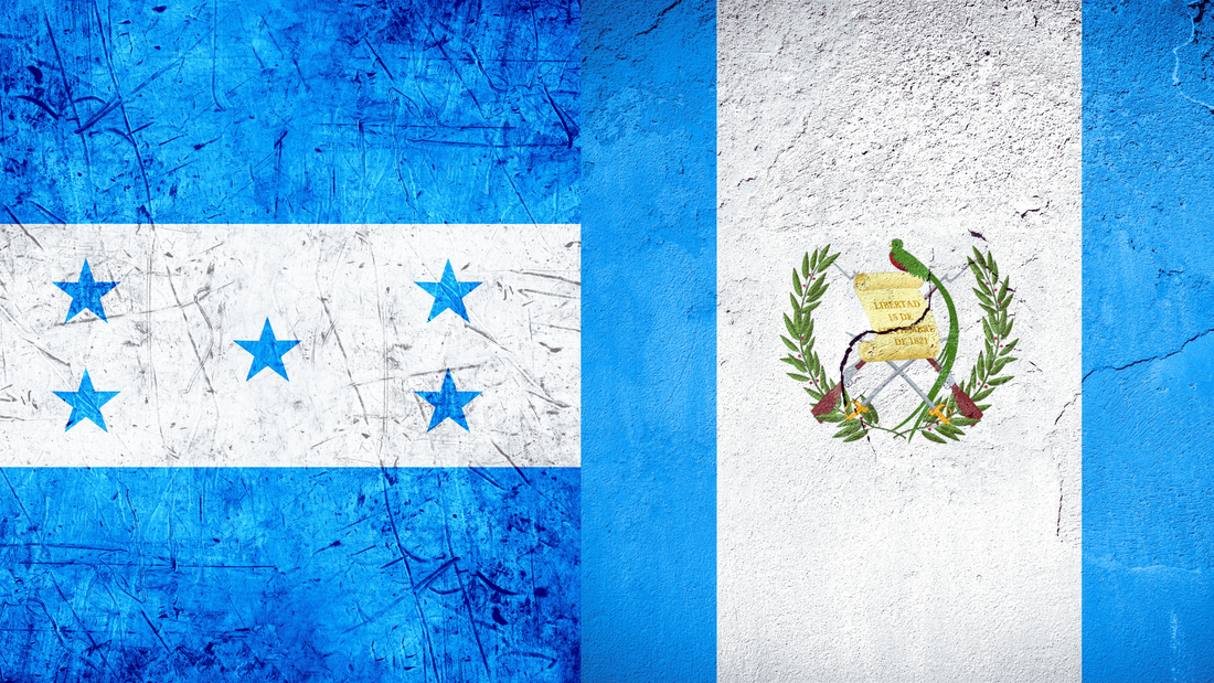 Honduras and Guatemala flags merged together celebrating Central American Independence Day September 15th with coffee beans representing El Catracho and El Chapin single origin coffees