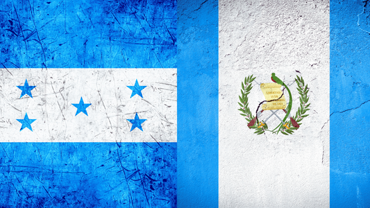 Honduras and Guatemala flags merged together celebrating Central American Independence Day September 15th with coffee beans representing El Catracho and El Chapin single origin coffees