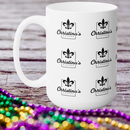 Christina's Coffee black inspired fleur de lis 15 oz ceramic mug