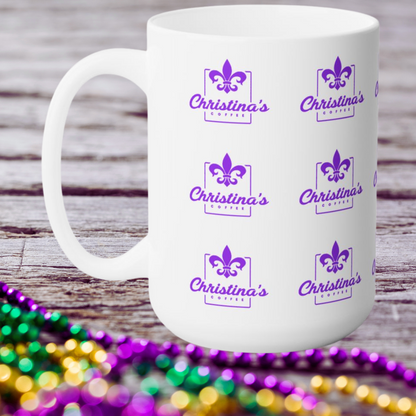 Christina's Coffee Mardi Gras Purple Fleur de lis 15 oz ceramic mug