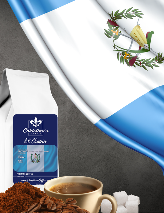 Christina's Coffee El Chapín Guatemalan coffee bag - medium roast in front of a Guatemalan flag
